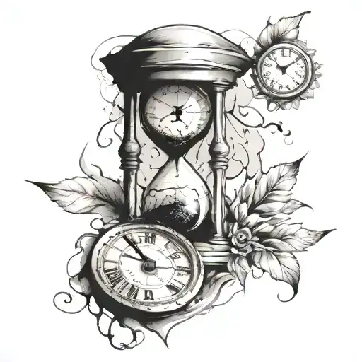 Clock With Cracks And Hourglass