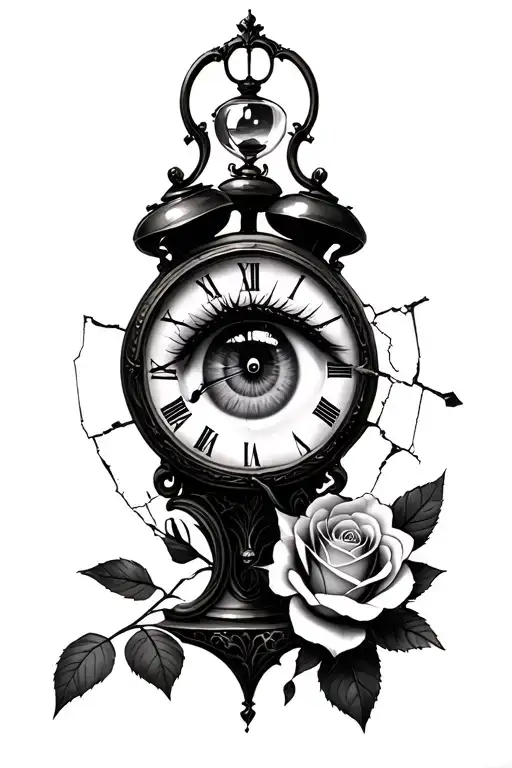 Eye Inside A Clock With A Broken Glass And A Rose On The Bottom