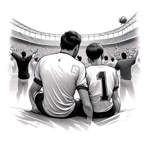 Father And Son Sitting In A Football Stadium Filled With Cheering Fans