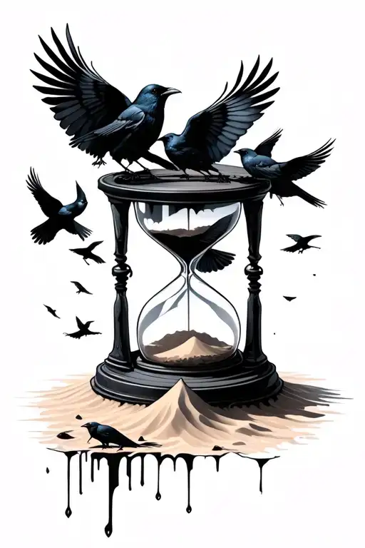 Creepy Hourglass Sand Falling With Crows Perched And Flying Eerily