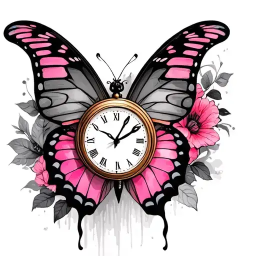 Butterfly And Clock With Pink