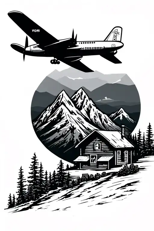 Mountain Scene With Airplane And Cabin