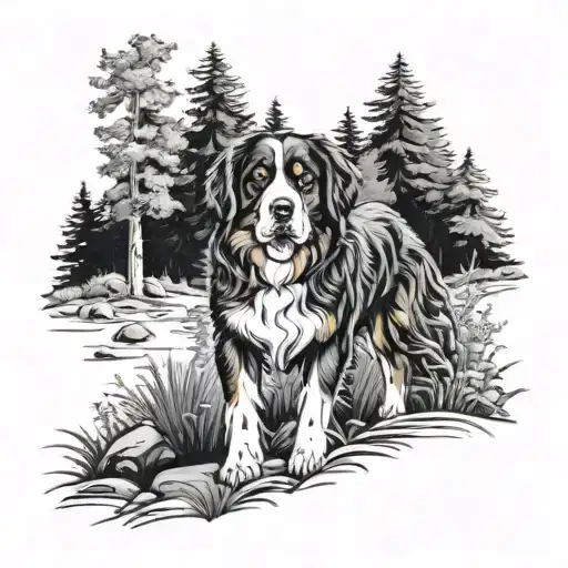 Bernese Mountain Dog Walking In The Woods On A Trail