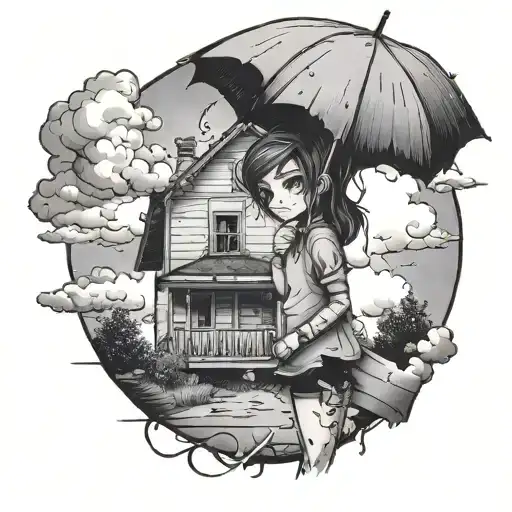 Emo Girl With Umberella Clouds And Rain With A Broken House In Background