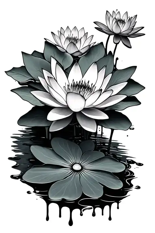 Lily Pad And Lotus Flower With Ink Dripping