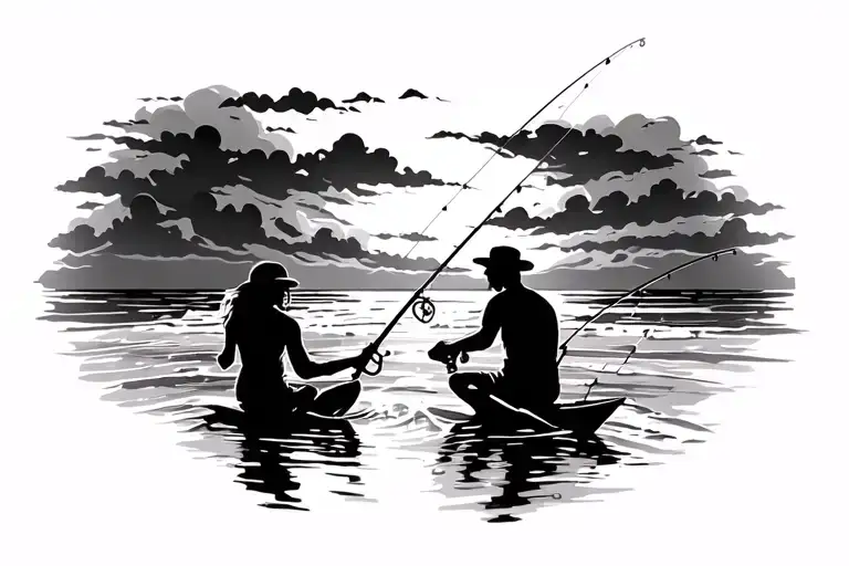 Two Friends Fishing On The Beach Sillohette