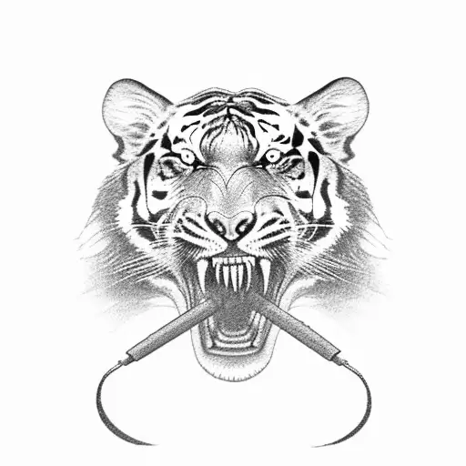 A Black-grey Tattoo Of A Realistic Tiger Riding A Motorcycle With A Soccer Ball In Its Mouth