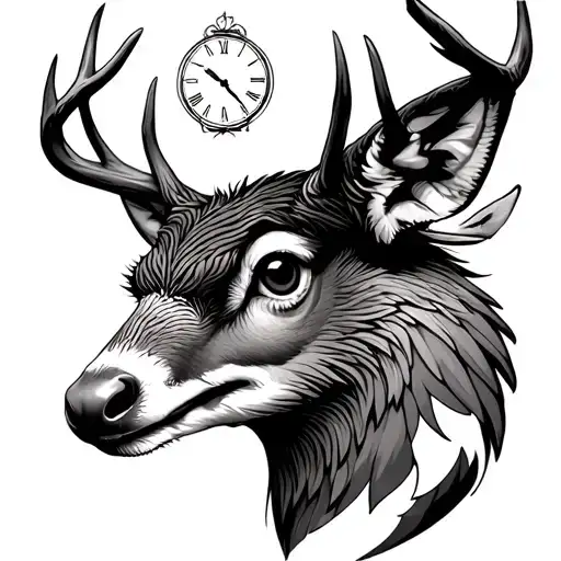 Half Deer Half Hawk Face With Clock In Background