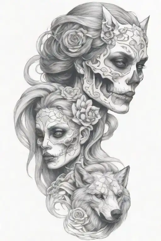 Skulled Face Lady With The Wolf