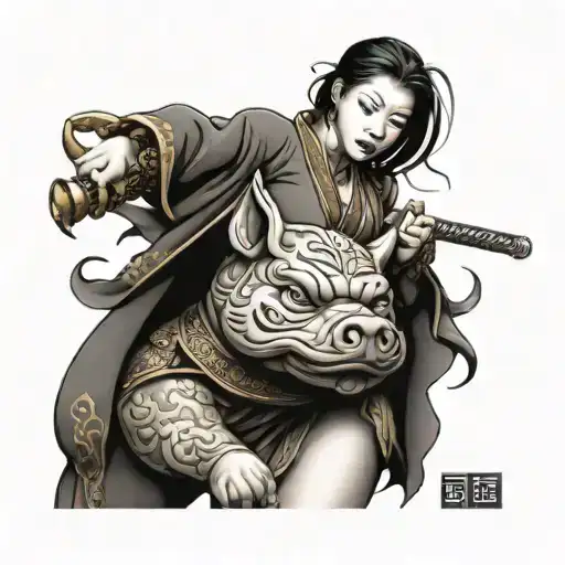 Sexy Women Warrior Japan Girl Fu Dog Lucky Pig Gold