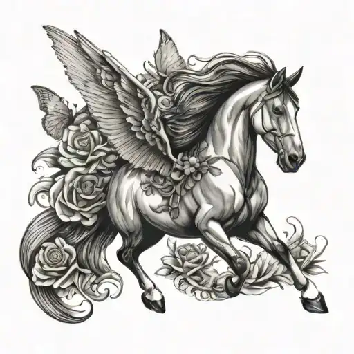 Horse Galloping With Wings Along With Butterflies And Roses