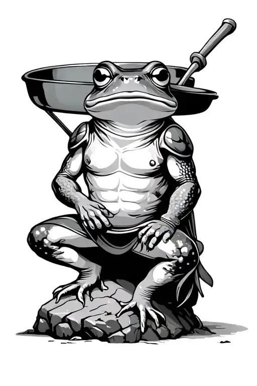 A Whimsical Frog Warrior Sitting On A Rock With A Big Frying Pan On His Back
