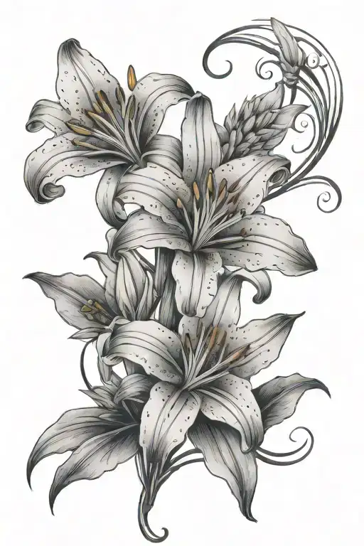 1 Large Lily Flower Intertwined With 2 Lavender Branches With Swirly Stems And Leaves