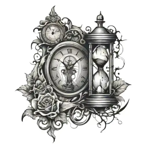 Clock With Cracks And Hourglass