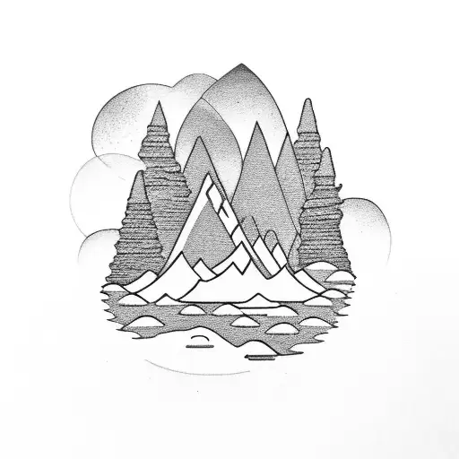 Mountain Range With River And Campfire