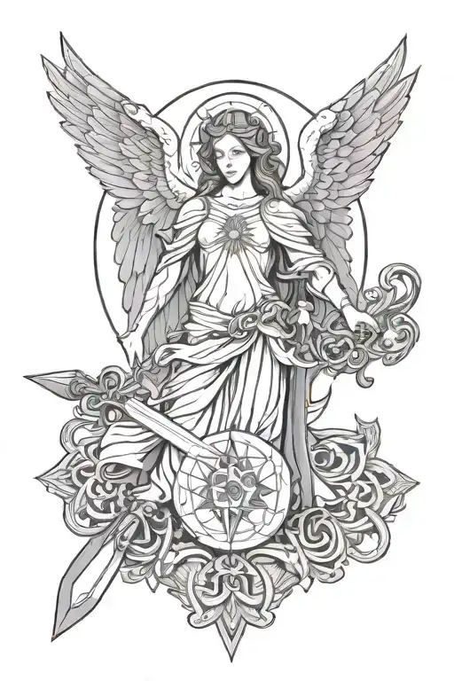 Sacred Geometry With Religious Angel Holding A Sword