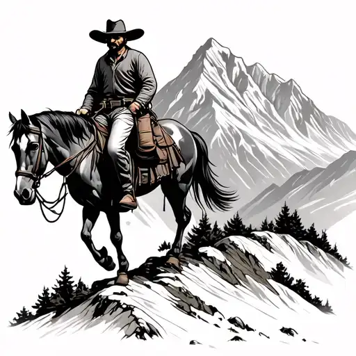 Cowboy Walking A Horse Up A Mountain