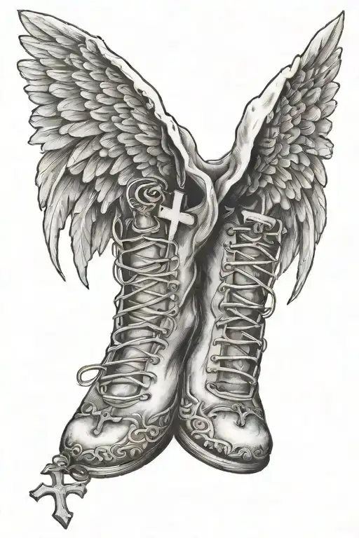 Baby Foot With Angel Wings And A Hallow With A Cross And A Broken Heart Below It