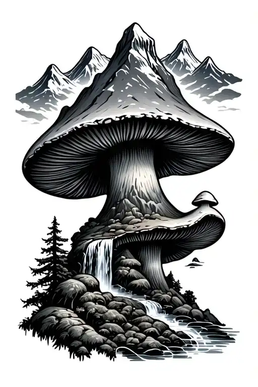 A Mushroom With A Mountain Scene And A Waterfall On Top The Mushroom