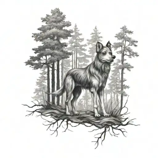 Dog With Trees Walking In The Woods From A Birdseye View