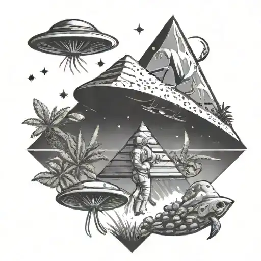 A Ufo Abducting Marijuana With The Astronaut In The Background Psychedelic Mushroom And A Pyramid
