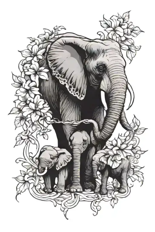 Line Drawn Flowers Intertwined With Elephants Representing Family