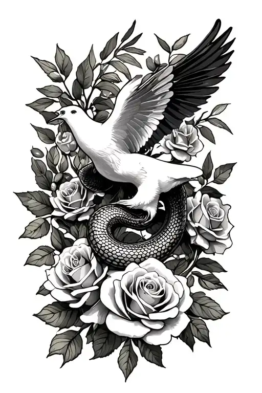 Serpent And Dove Surrounded By Roses And Olive Leaf