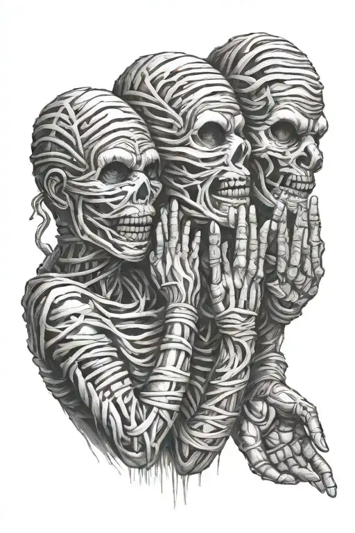 3 Wrapped Mummy's Using Their Left Hand To Cover The Mouth