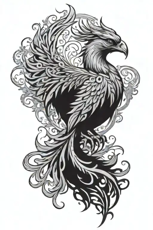 Ornamental Phoenix Rising From Ash Of Viking Tree Growing Behind It