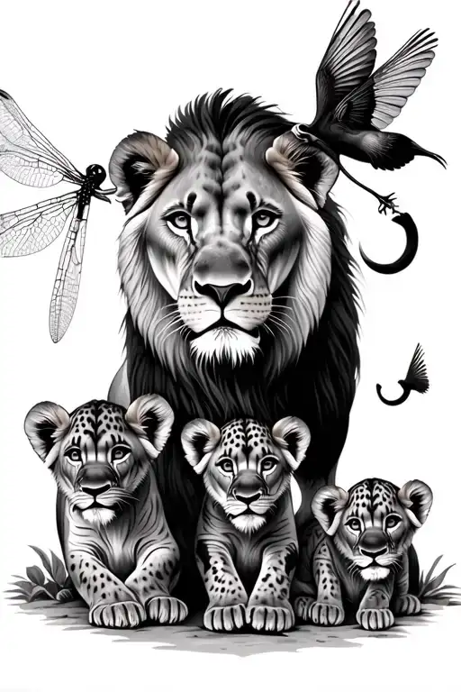Lioness And Two Cubs With A Dragonfly And Fantail Bird