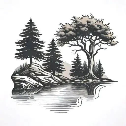 River And A Pine Tree Minimal