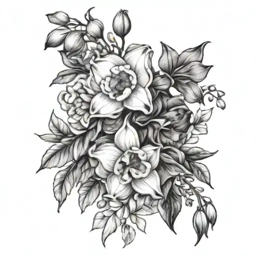 Bouquet Of Flowers Lily Poppy Narcissus Wisteria Violet Peony