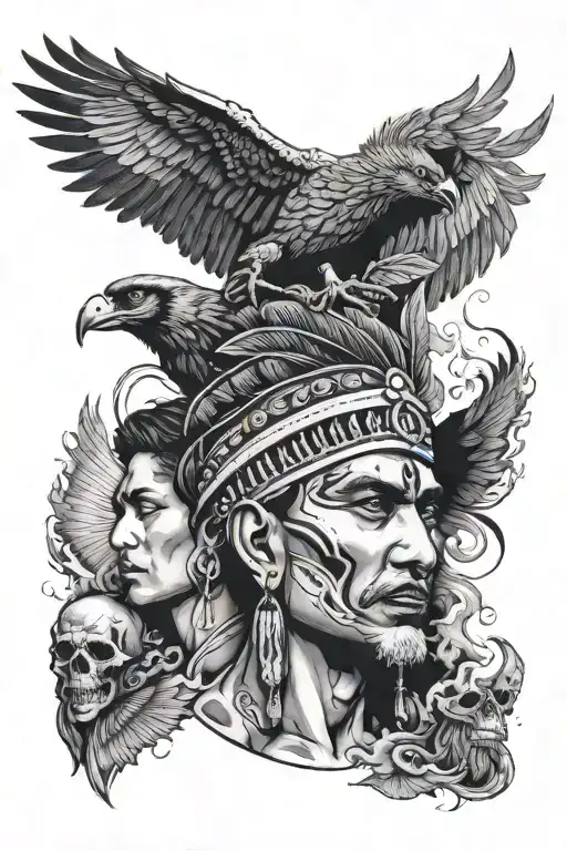 Three-faced Indian Man With Smoke And Crow With Open Wings