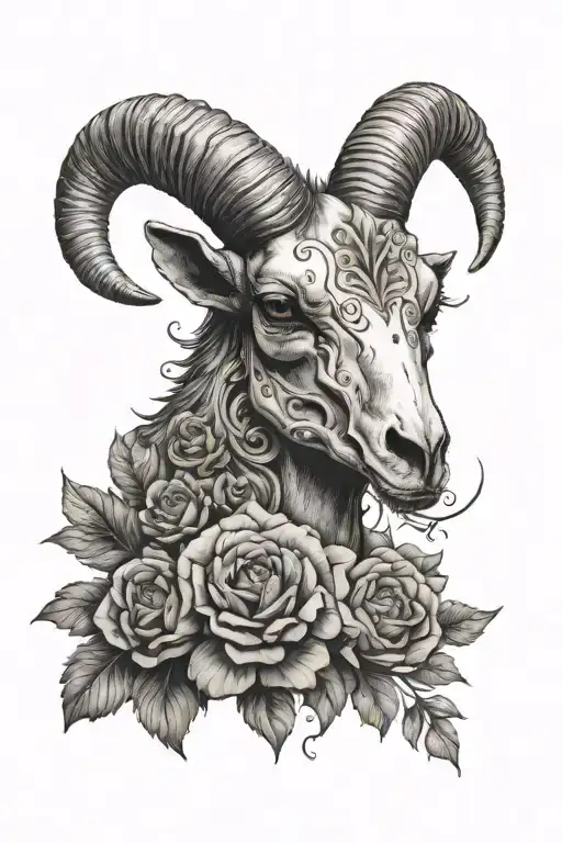 Ram Skull With Marigold And Cosmo Flowers