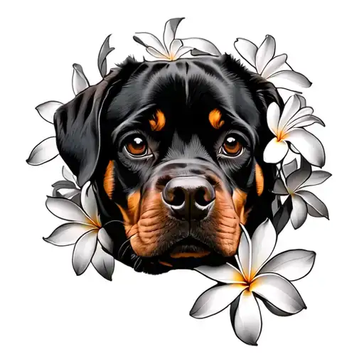 Rottweiler Dog Paw Print Surrounded With Frangipani Flowers
