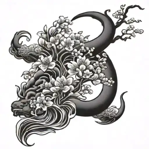 Ox Scorpio Cherry Blossom And Wave Tatto Sleeve