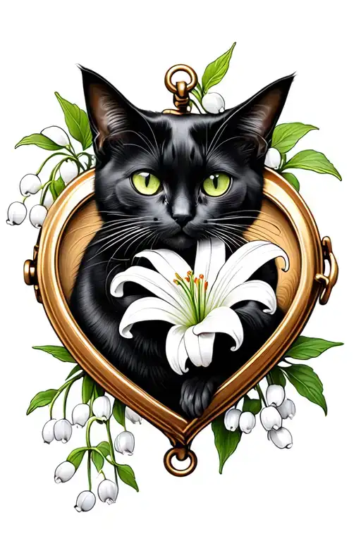 Black Cat Holding Lily Of The Valley Inside Of A Heart Locket