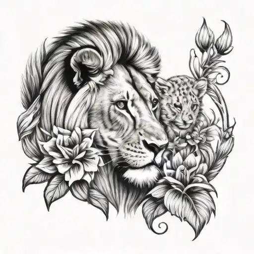 Mom Lion And Baby Lion With Flowers