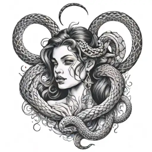 Woman Portrait And Snake Around