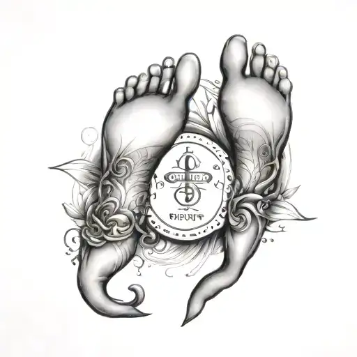 Single Foot Print Names Hoey And Sonny Below And The Pisces Sign Around It