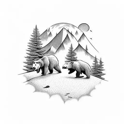 Mountain Landscape With Bear Family
