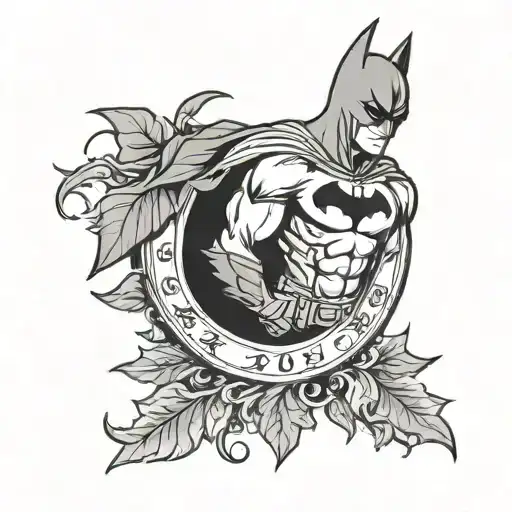 Silhouette Of Batman On A Shield Against The Background Of A Circle Of Laurel Wreath