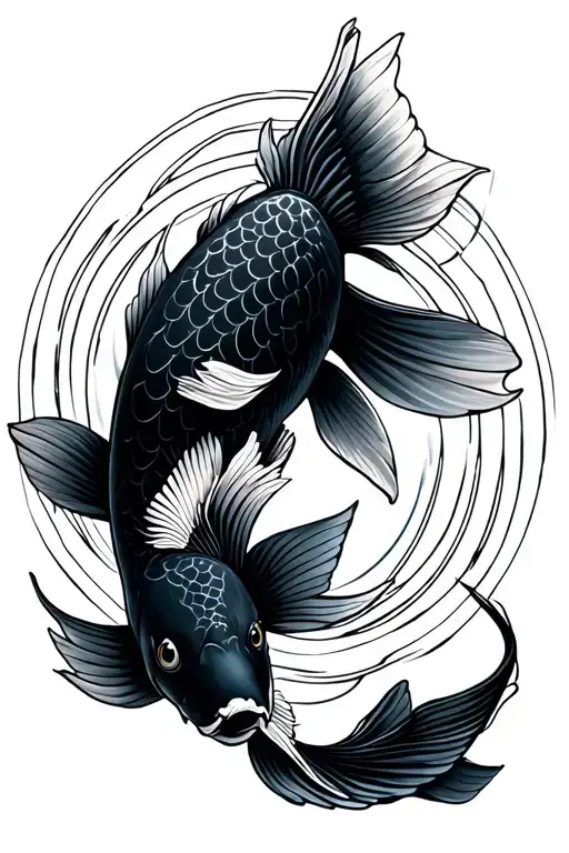 A Black Koi Carp And Another White That Goes In Circles With Geometric Lines
