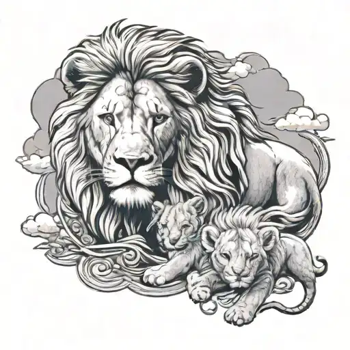 Lion And Cub Faded With Clouds Surrounding