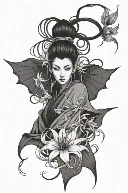 Samurai Woman Medusa Style Design Spider Lily Tattoo Design