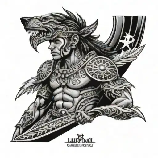 Lapu Lapu Warrior With Wolf And 3 Stars And A Sun Wrapped Around On Forearm With Polynesian Designs
