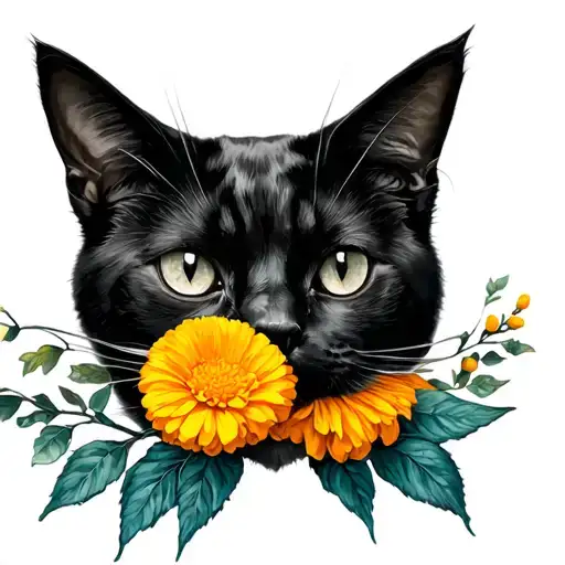 Black Cat With Marigold In Mouth
