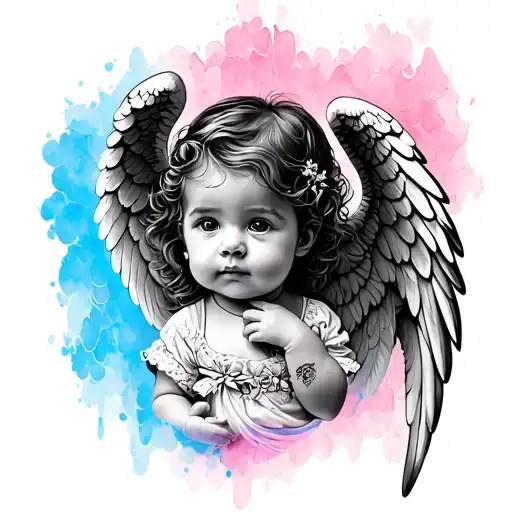 Infant Baby Girl With Angel Wings And A Pink And Blue Backsplash