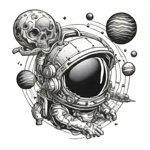 Austronaut With Skull Face Floating Through Space With Planets Sorrounding
