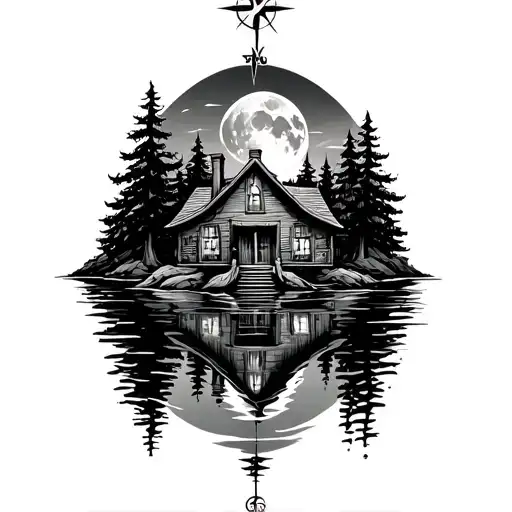 Lake House With Compass Reflected In Lake Surrounded By Trees With Moon Above